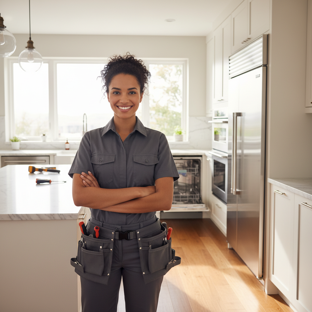 Smiling appliance repair technician standing in a modern bright kitchen