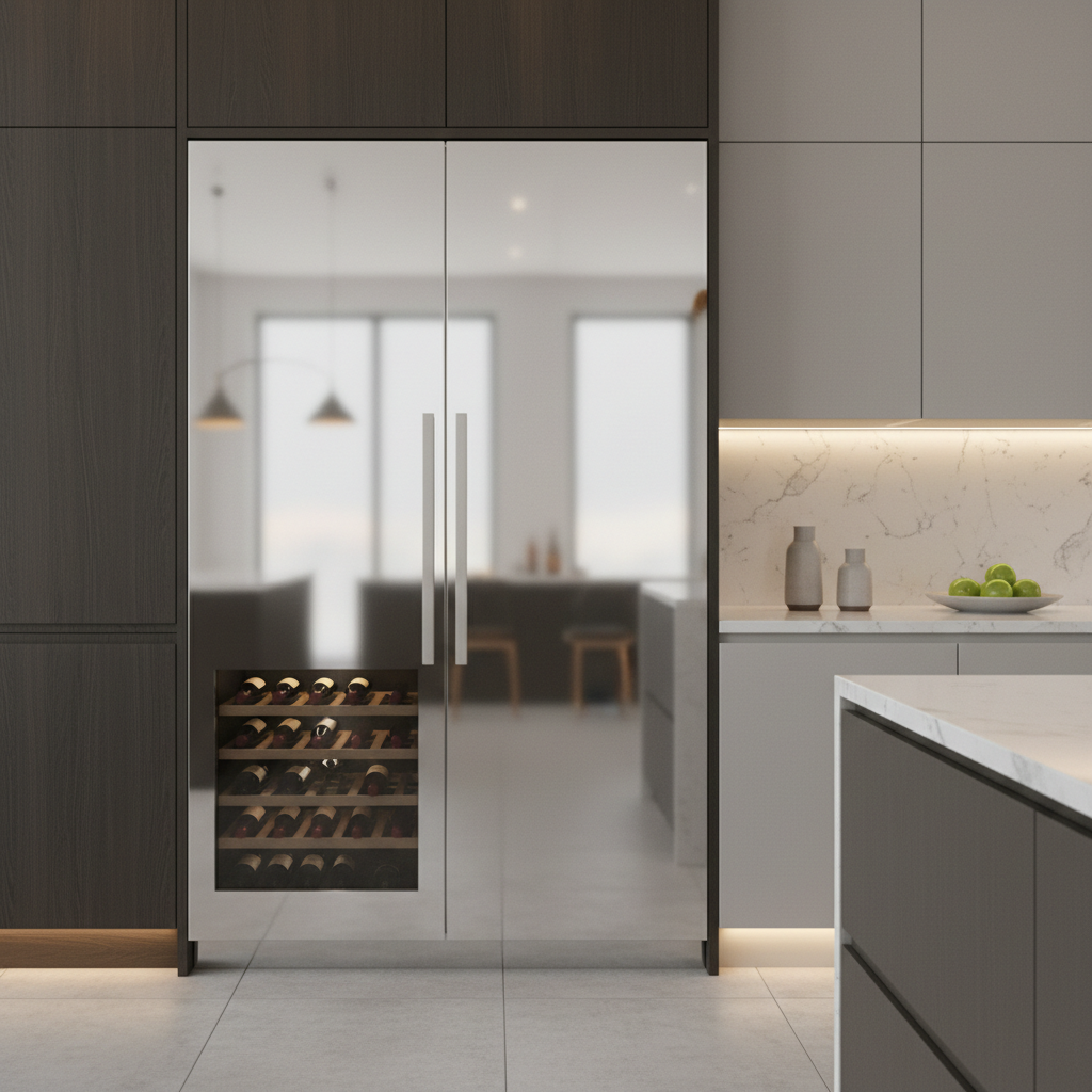 Modern high-end kitchen close-up with built-in refrigerator and wine cooler