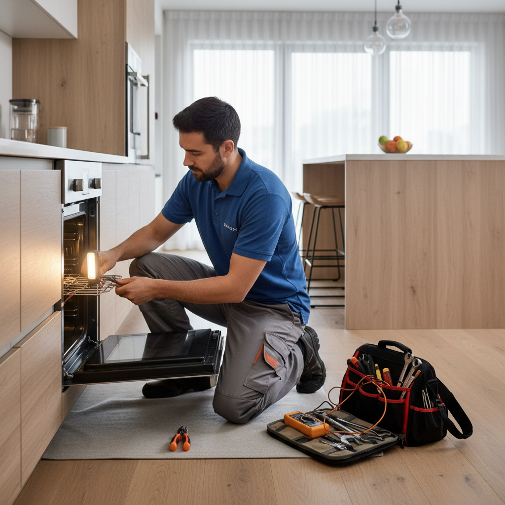 Appliance repair technician repairing a built-in oven